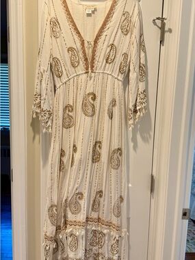 Ashley Taylor Cream Maxi Dress with Gold Paisley Embroidery